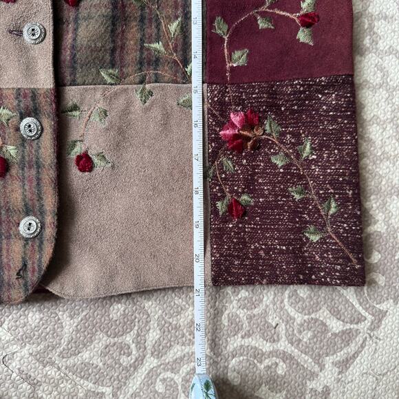 Keren Hart Vintage Suede Leather Wool Floral Plaid Patchwork Vest Burgundy Small - Picture 4 of 7